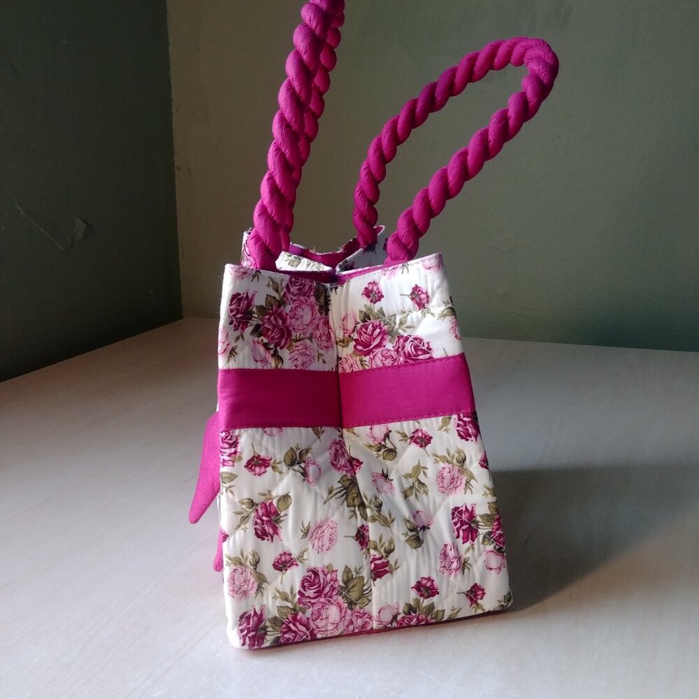 100% cotton white with pink and green floral pattern tote bag - Picture 6 of 13